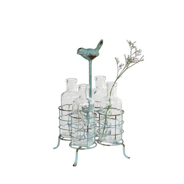 Unbranded Perched Bird Glass and Metal Decorative Stand and Vases in Clear and Aqua