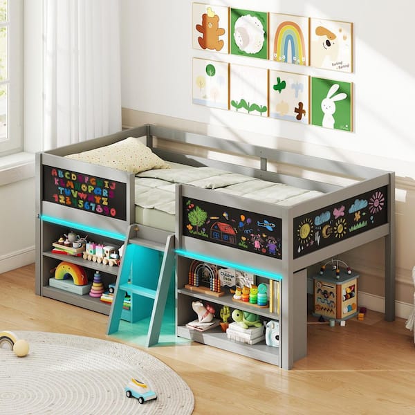 Low Loft Bed Twin Size Wooden Bed Frame Kid's Cabin Bed w/ Bookcases Grey