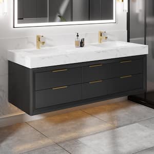 MarbleLux 60 in. W x 20.8 in. D x 21.2 in. H Wall Mounted Bathroom Vanity with Double Sink in Black with Marble Top