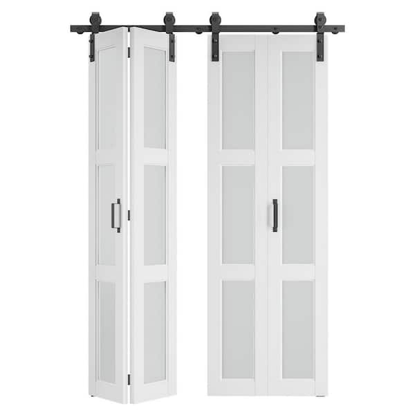 48 in. x 84 in. (Double 24 in. ) 3-Lite Frosted Glass White Finished MDF Bi-Fold Sliding Barn Door with Hardware Kit