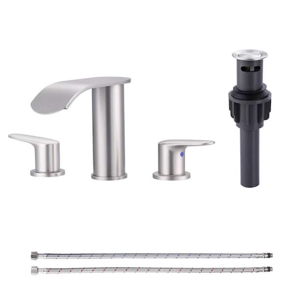 8 in. Widespread Double Handle Waterfall Bathroom Faucet with Pop-up Drain in Brushed Nickel