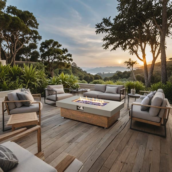 48 in. Propane Nature Iron Outdoor Fire Pit Table with Wood Grain Top, Stainless Steel Burner, Waterproof Cover