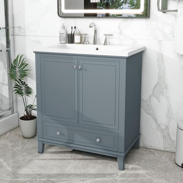 30 in. Single Sink Freestanding Blue Bath Vanity with White Ceramic Top, Removable Drawer Divider