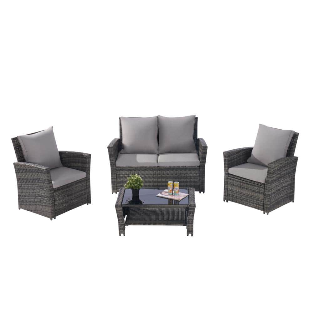 4-Piece Gray Rattan Wicker Patio Conversation Set with Gray Cushions