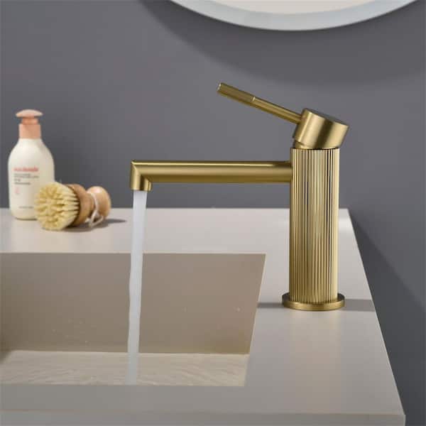 Single Handle Single Hole Bathroom Sink Faucet 1.2 GPM Basin Faucet with Drain in Brushed Gold