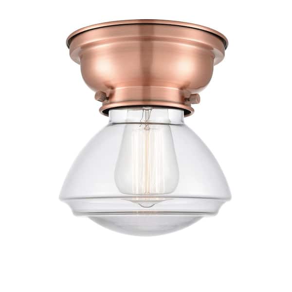 Olean 6.75 in. 1-Light Antique Copper Industrial Flush Mount with Clear Glass Shade