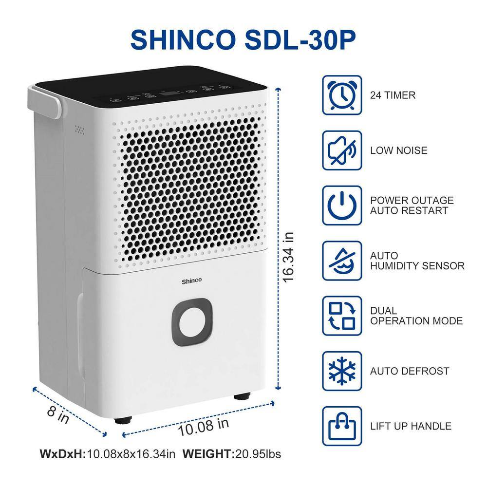 Shinco 30-Pint White Dehumidifier with Touch Controls