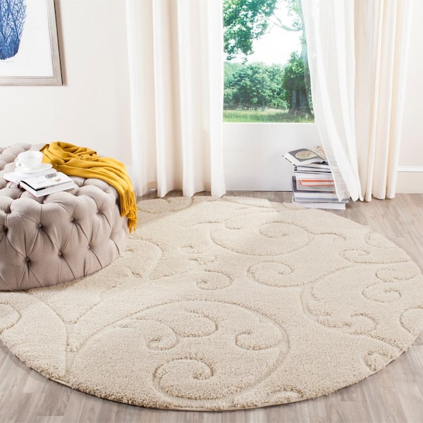 Florida Shag Cream 5 ft. x 5 ft. Round Floral Area Rug