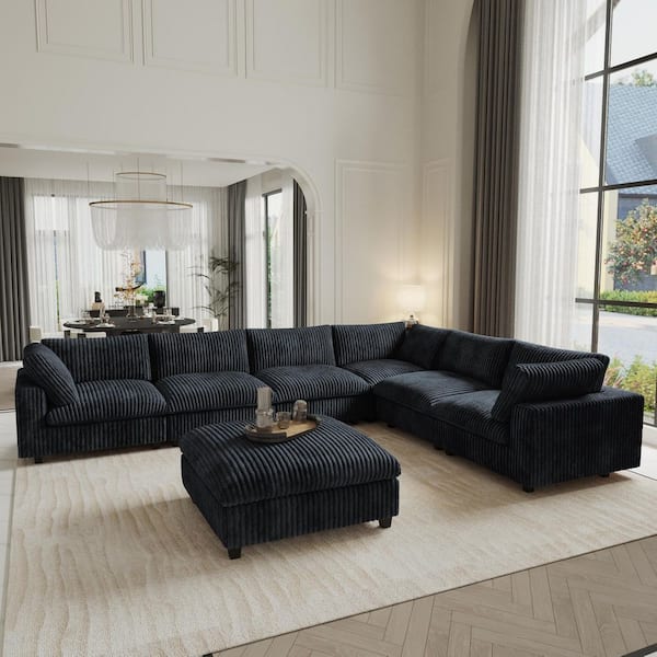 Modern Convertible 157 in. Square Arm Velvet Solid Wood Modular Sofa Cloud Couch with Ottoman, Washable Covers in. Black