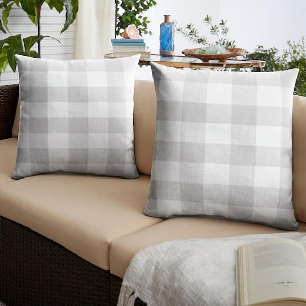 Grey Buffalo Plaid Outdoor Knife Edge Throw Pillows 2 Pack