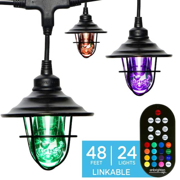 Enbrighten Bundle - Seasons Color-Changing Classic LED Cafe Lights (12  Bulbs, 24ft. Black Cord) with Enbrighten Outdoor Plug-in 2-Outlet WiFi  Smart