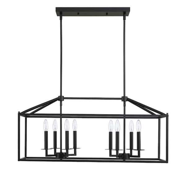 BOEKA ARCTURUS 8-Light So ft. Black Modern Linear Kitchen Island Rectangle Pendant Chandelier and Steel Cage Shade