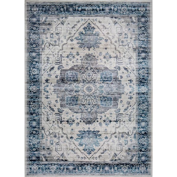 MILLERTON HOME Maeva Ivory/Blue 5 ft. x 8 ft. Bordered Traditional Area Rug