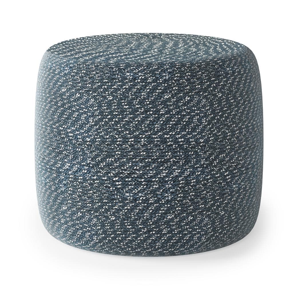 Bayley Round Braided Pouf in Aegean Blue and Natural Cotton