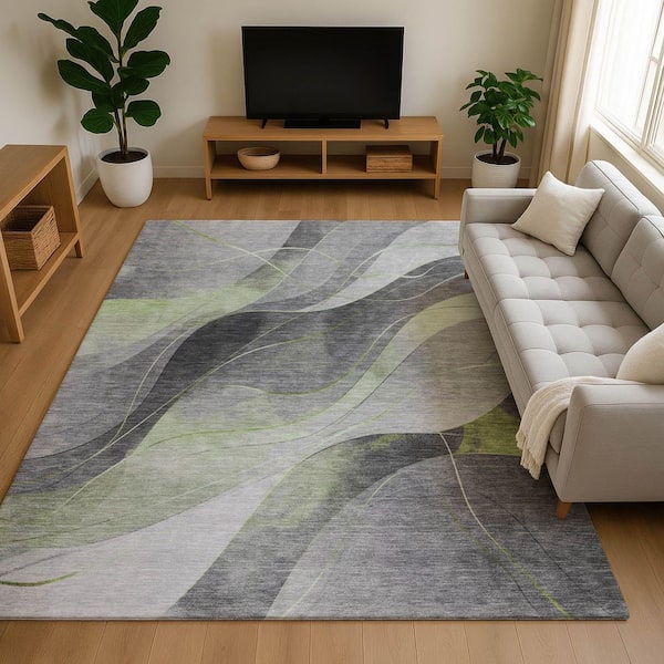 Mayfield Premium Machine Washable Abstract AMF1668 Aloe 5 ft. x 7 ft. 6 in. Area Rug