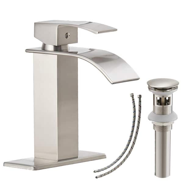 BWE Waterfall Single Hole Single-Handle Low-Arc Bathroom Faucet With Pop-up Drain Assembly in Brushed Nickel