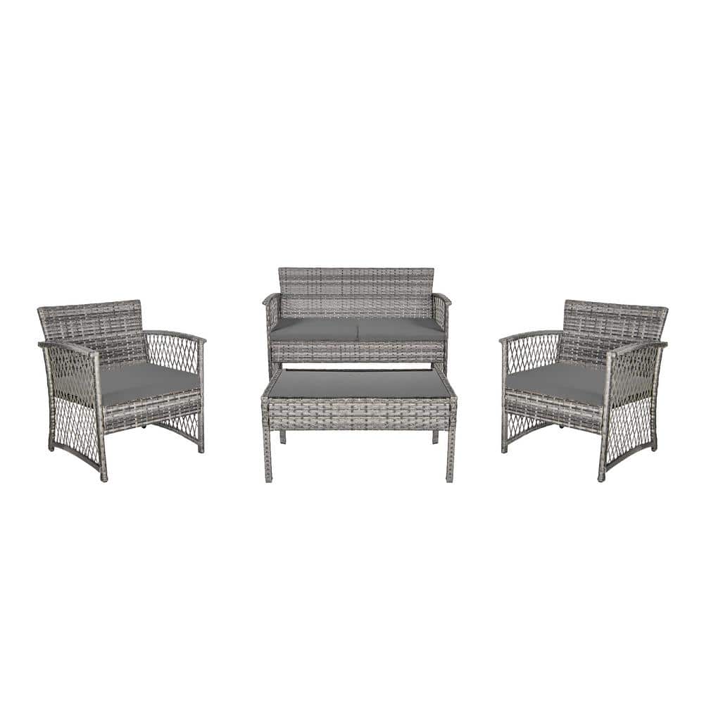 Gray 4-Piece Outdoor Patio Conversation Set with Wicker and Steel