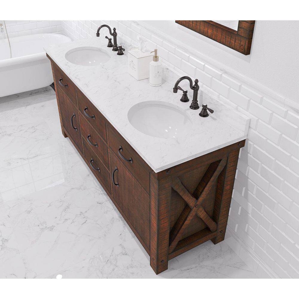 Aberdeen 72" Double Sink Rustic Sierra Vanity with Carrara White Marble Top