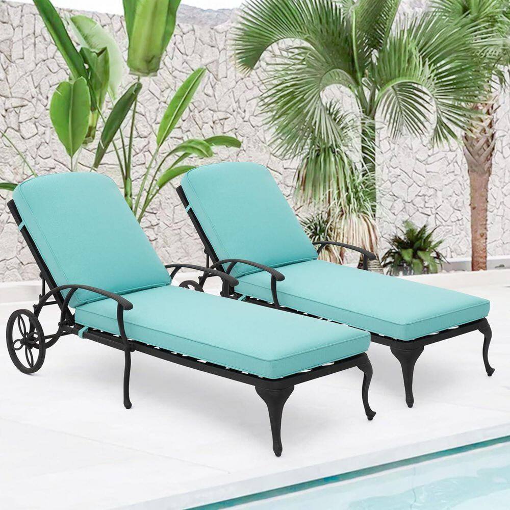 Antique Bronze Black 2-Piece Aluminum Adjustable Reclining Outdoor Chaise Lounge with Cyan Cushions price history on PriceWatchPro