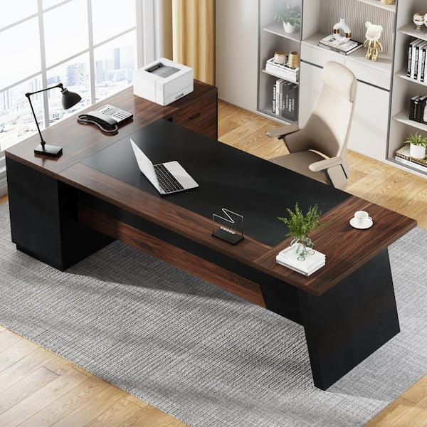 BYBLIGHT Capen 78.7 in. L Shaped Walnut Wood Executive Desk with 3