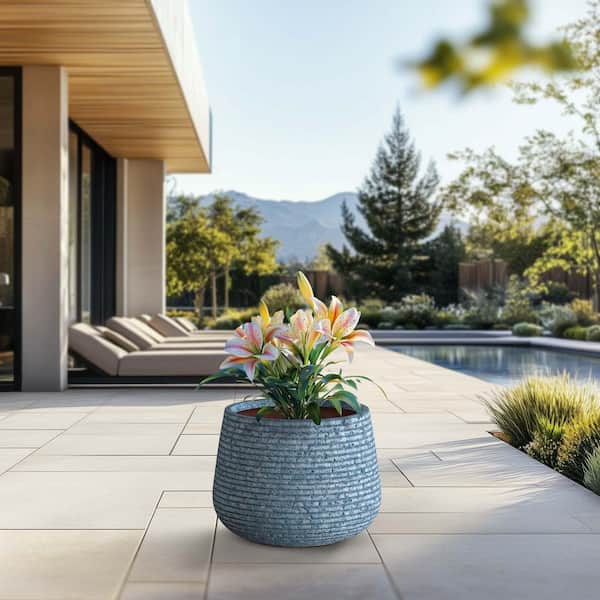 18.5 in. Large Weathered Blue (Enhanced Interior) Concrete Round Planter/Pot with Drainage Holes