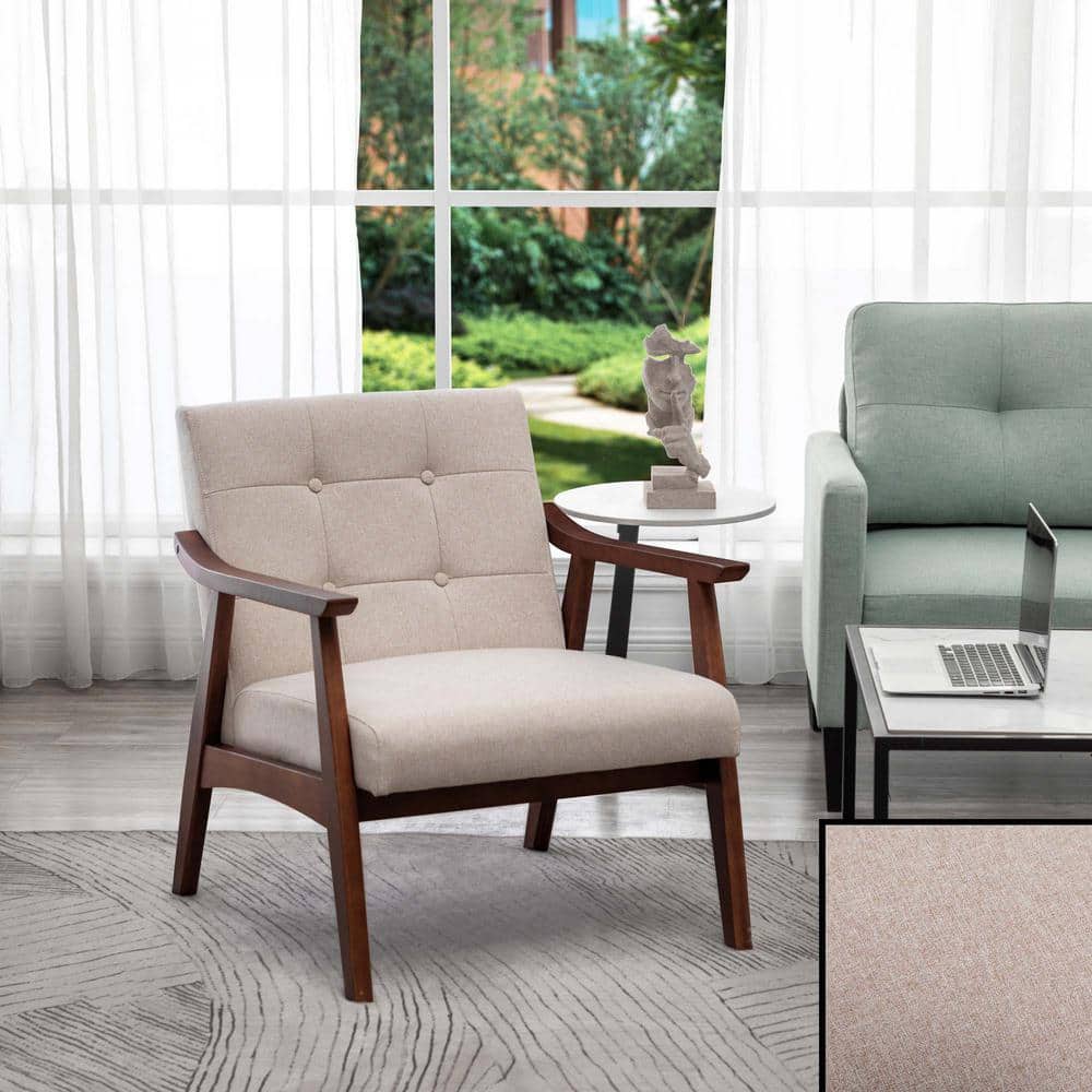 Sandy Beige Fabric Espresso Wood Accent Chair