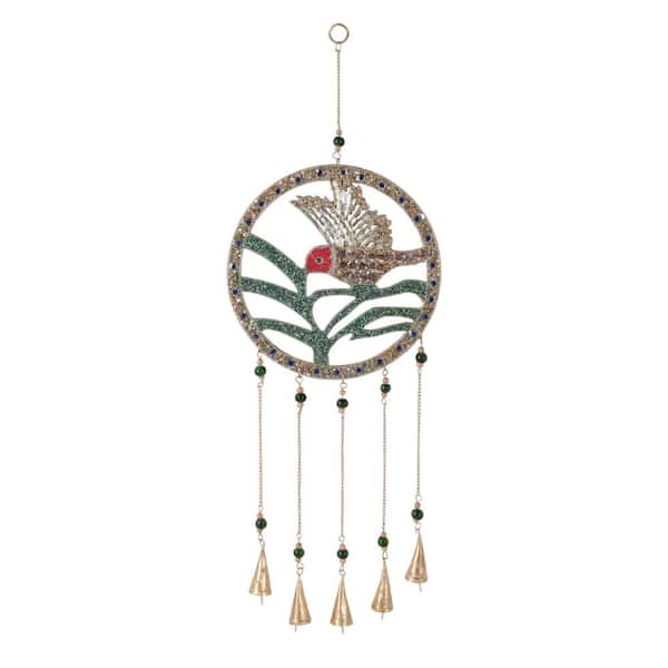 Liv & Skye 12 in. x 35 in. Green Wood and Metal Beaded Hummingbird Wind Chime