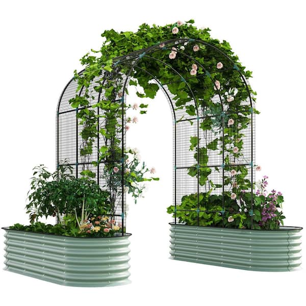 Outsunny - Raised Garden Beds with Arch Trellis, Climbing Net, Galvanized Steel Planter Box for Climbing Vegetables Flowers Herbs