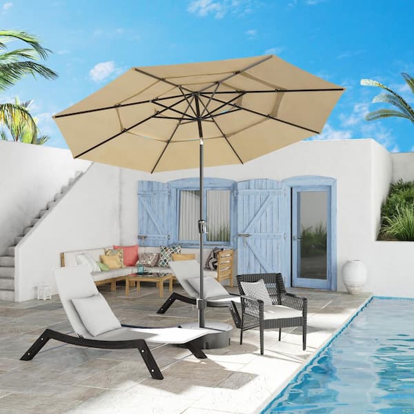 11 ft. Outdoor Market Umbrella with 3-Tier Vented Canopy, Patio Umbrella with 8 Heavy-Duty Ribs and Crank Tilt in Khaki