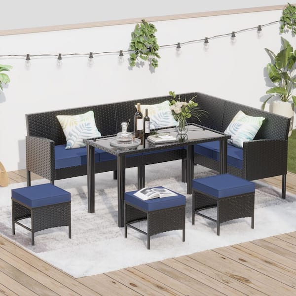 Tenleaf 7-Piece Wicker Patio Conversation Set with Dark Blue Cushions, Glass Table