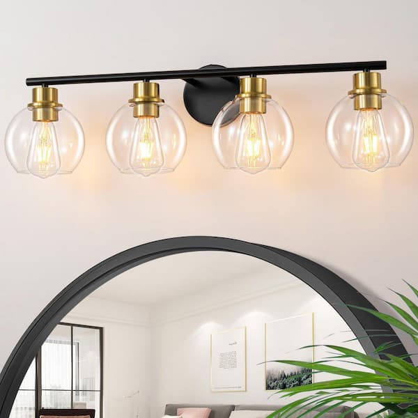 7.9 in. 4-Lights Matte Black and Gold Bathroom Vanity Light Accents and Clear Glass Shades, Bulbs Not Included