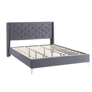 California King Grey Wood Platform Bed Frame No Box Spring Needed with Upholstered Headboard