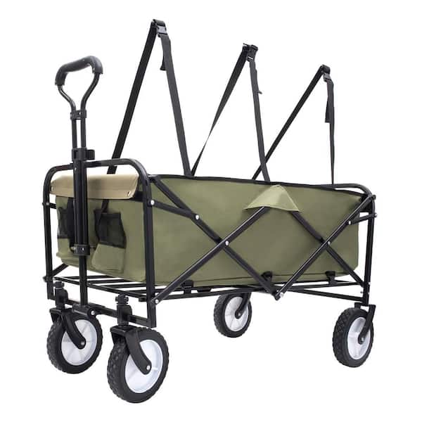 Unbranded 7 cu. ft. Strap Collapsible Foldable Wagon Cart Steel Garden Cart with 3-Pieces Plastic Liner Bag /Cover, Green