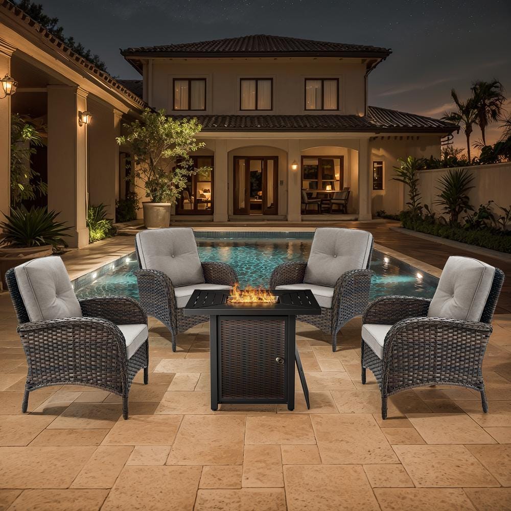 Brown 5-Piece Wicker Patio Fire Pit Set, Outdoor 4-Person Seating Set with Olefin Beige Cushions and Armchairs price history on PriceWatchPro