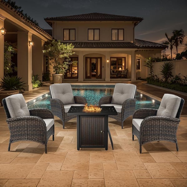 Opohoro Brown 5-Piece Wicker Patio Fire Pit Set, Outdoor 4-Person Seating Set with Olefin Beige Cushions and Armchairs