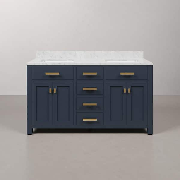 Madison 60 in. W x 21.5 in. D x 34 in. H Double Sink Bath Vanity in Monarch Blue with Carrara White Marble Top