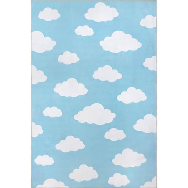 nuLOOM Lilia Machine Washable Light Blue Doormat 3 ft. x 5 ft. Cloud Print Area Rug