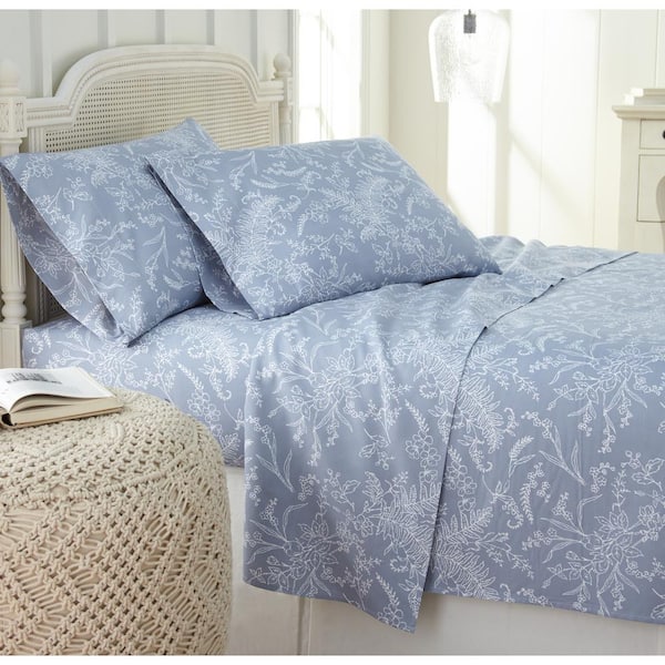 Southshore Fine Linens Winter Brush 4-Piece White Botanical on Blue Microfiber Full Deep Pocket Sheet Set