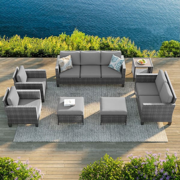 JOYESERY 7-Pieces Patio Conversation Set with Loveseat Sofa and Side Table All-Weather Gray Wicker with Gray Cushions