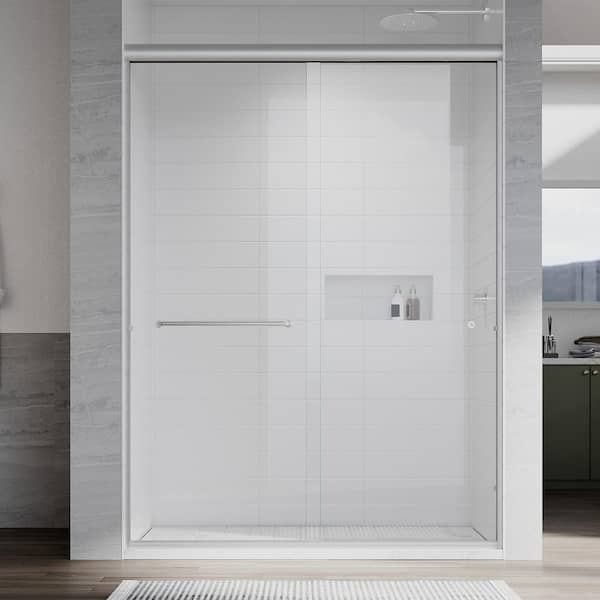 UKD07N 56 to 60 in. W x 76 in. H Double Sliding Semi-Frameless Shower Door in Brushed Nickel, 1/4 in. SGCC Clear Glass