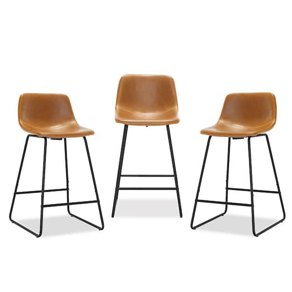 24 in. Whiskey Brown Faux Leather Bar Stool Metal Frame Counter Height Bar Stools Set of 4