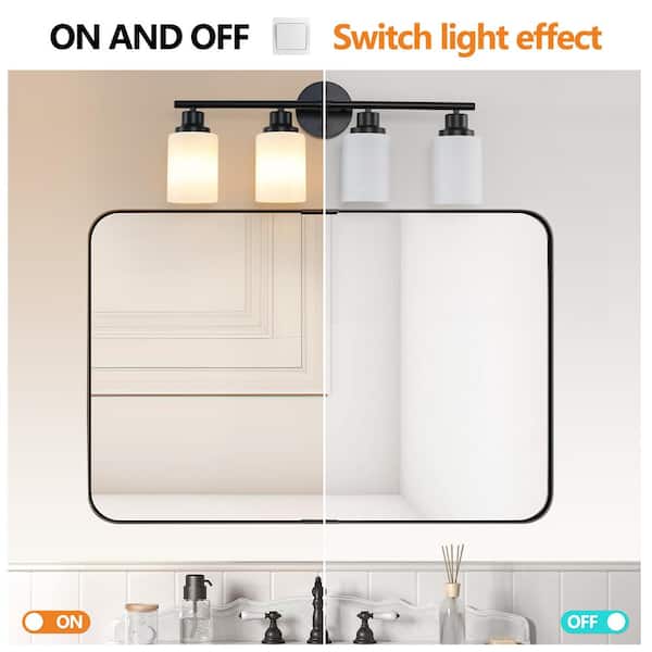 24.4 in. 4-Light Black Bathroom Light Fixtures Black Bathroom Vanity Light Over Mirror with Opal White Glass Shade