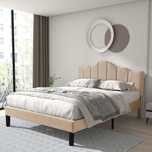 Platform Bed Frame, Beige Metal Frame Full Size Platform Bed with Headboard Fabric Upholstered Wood Slat Support