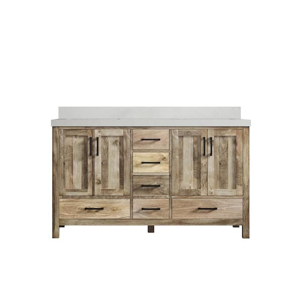 Willow Collections Malibu Mango 60 in. W x 22 in. D x 36 in. H Double Sink Bath Vanity in Natural with 2 in Carrara Quartz Top