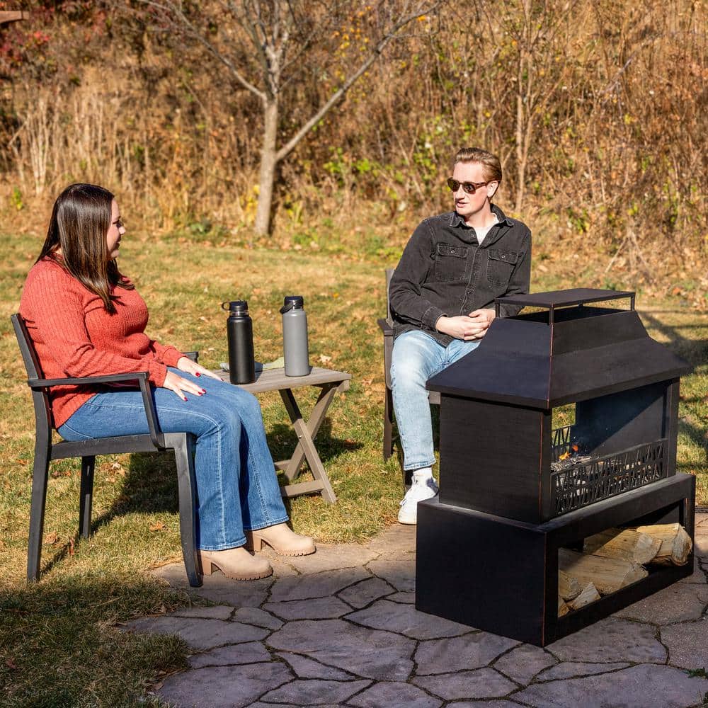 Bronze Steel Outdoor Fireplace with Log Storage and Pavilion Roof