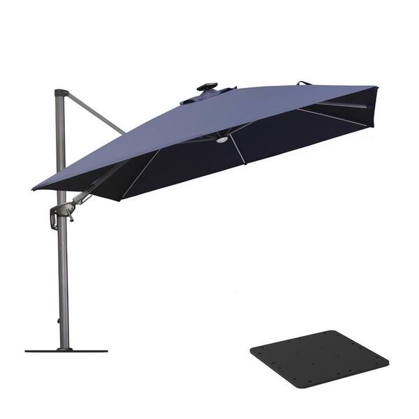 PURPLE LEAF 10 ft. Square Aluminum Cantilever Solar LED Swivel Offset 360°Rotation Umbrella with Base Plate, Navy Blue
