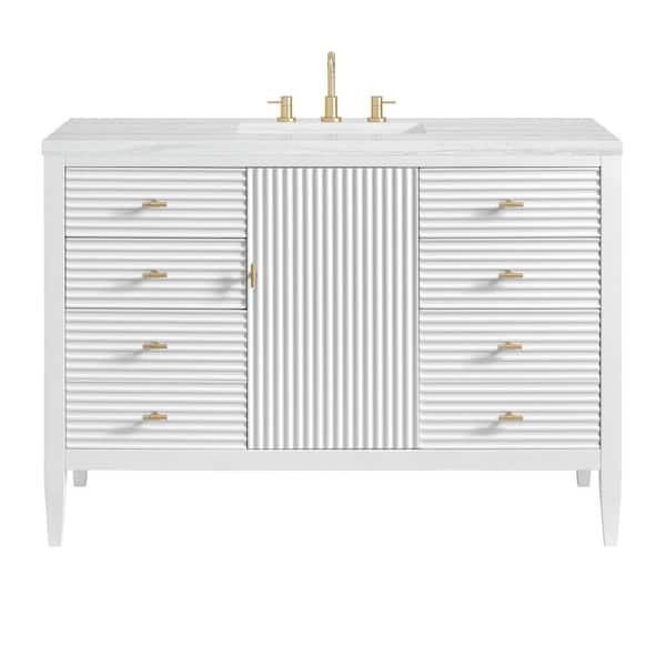 James Martin Vanities Myrrin 48.0 in. W x 23.5 in. D x 34.06 in. H Single Bathroom Vanity Bright White and Arctic Fall Solid Surface Top