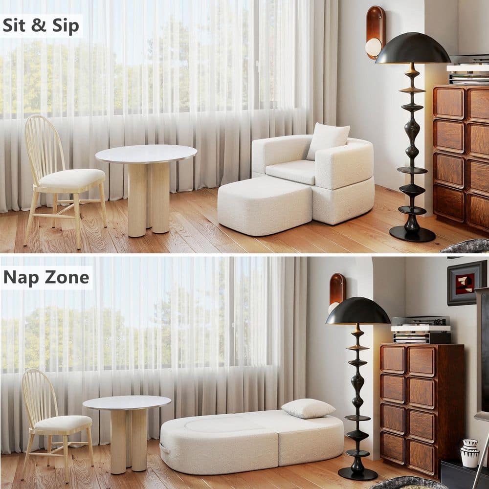 40 inch Convertible White Teddy Velvet Twin Size Sofa Bed with Adjustable Backrest and Pillows
