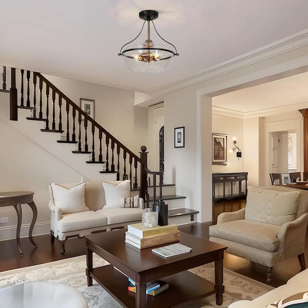 14 in. 3-Light Brass Gold Modern Semi-Flush Mount Ceiling Light with Clear Glass, Black Ceiling Lights for the Hallway