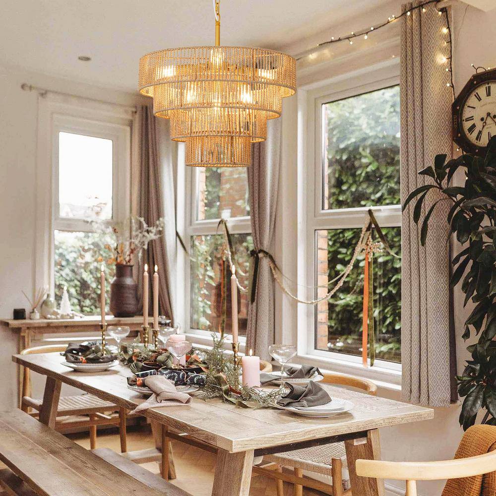 Brass and Rattan Tiered Geometric Pendant Light